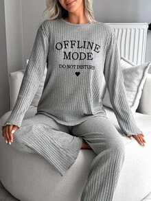SHEIN Mode Graphic Rib Knit Lounge Set - Grey - View 4