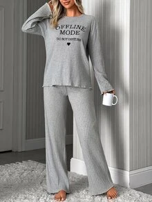 SHEIN Mode Graphic Rib Knit Lounge Set - Grey - View 6