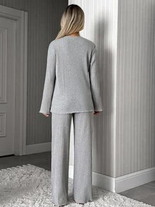 SHEIN Mode Graphic Rib Knit Lounge Set - Grey - View 2