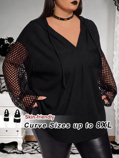 SHEIN CURVE+ Women's Plus Size Black Long Sleeve Autumn Casual Daily Essential Hoodie, Waffle Knit Patchwork Halloween Costume Fall