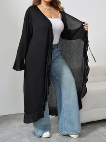 SHEIN CURVE+ 大尺碼女款休閒街頭風寬鬆優雅黑色喇叭袖前綁帶荷葉邊長版外套，適合夏季早晨居家穿著、度假、婚禮賓客及辦公室 - 黑色 - 查看 2