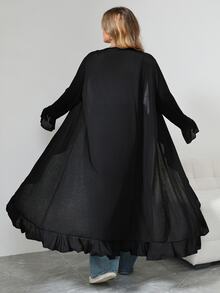 SHEIN CURVE+ 大尺碼女款休閒街頭風寬鬆優雅黑色喇叭袖前綁帶荷葉邊長版外套，適合夏季早晨居家穿著、度假、婚禮賓客及辦公室 - 黑色 - 查看 6