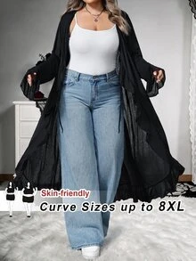 SHEIN CURVE+ 大尺碼女款休閒街頭風寬鬆優雅黑色喇叭袖前綁帶荷葉邊長版外套，適合夏季早晨居家穿著、度假、婚禮賓客及辦公室 - 黑色 - 查看 1