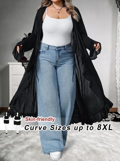 SHEIN CURVE+ 大尺碼女款休閒街頭風寬鬆優雅黑色喇叭袖前綁帶荷葉邊長版外套，適合夏季早晨居家穿著、度假、婚禮賓客及辦公室