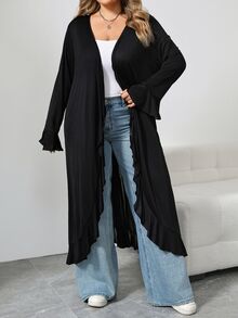 SHEIN CURVE+ 大尺碼女款休閒街頭風寬鬆優雅黑色喇叭袖前綁帶荷葉邊長版外套，適合夏季早晨居家穿著、度假、婚禮賓客及辦公室 - 黑色 - 查看 3