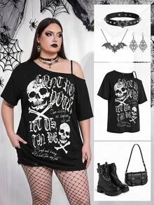 SHEIN CURVE+ Plus Skull & Slogan Graphic Asymmetrical Neck Tee - Hitam - View 4