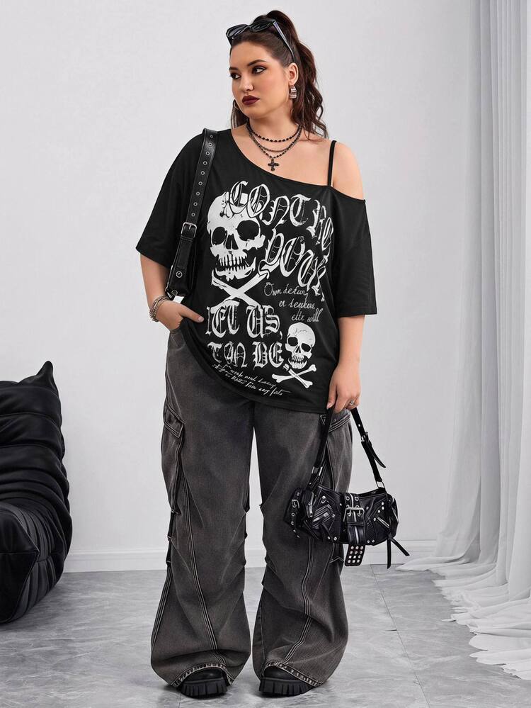 SHEIN CURVE+ 大尺碼骷髏與標語圖案不對稱領口T恤 - 黑色 - 查看 5
