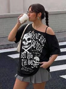 SHEIN CURVE+ Plus Skull & Slogan Graphic Asymmetrical Neck Tee - Hitam - View 3