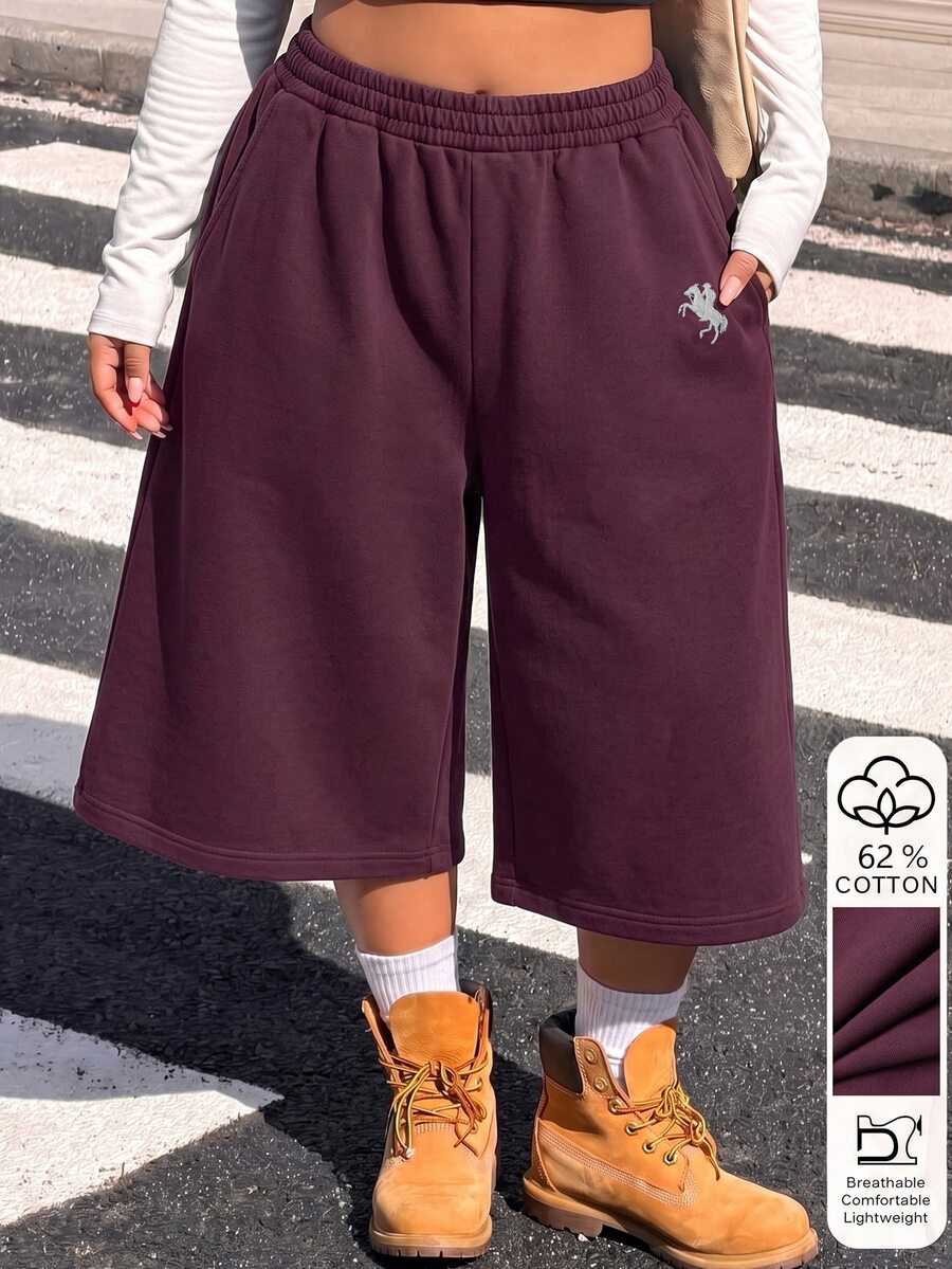 Muchica Plus Size Women's Equestrian Print Elastic Waist Pocket Loose Fit Bermuda Shorts - Burgundy - View 1