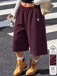 Muchica Plus Size Women's Equestrian Print Elastic Waist Pocket Loose Fit Bermuda Shorts - Burgundy - View 6
