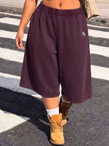 Muchica Plus Size Women's Equestrian Print Elastic Waist Pocket Loose Fit Bermuda Shorts - Burgundy - View 4