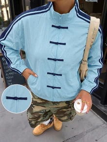 SHEIN EZwear Light Blue Plus Size Women's Side Stripe Button Design Thin Jacket Fall - Baby Blue - View 1