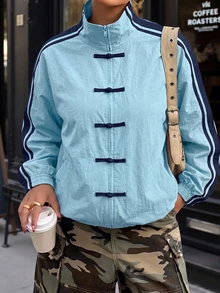 SHEIN EZwear Light Blue Plus Size Women's Side Stripe Button Design Thin Jacket Fall - Baby Blue - View 4