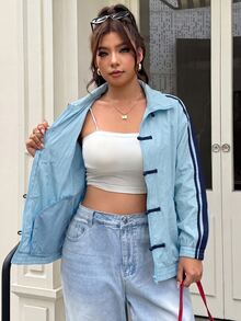 SHEIN EZwear Light Blue Plus Size Women's Side Stripe Button Design Thin Jacket Fall - Baby Blue - View 3