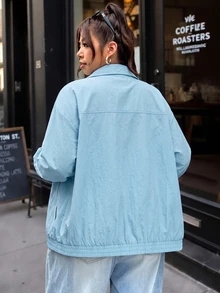 SHEIN EZwear Light Blue Plus Size Women's Side Stripe Button Design Thin Jacket Fall - Baby Blue - View 2