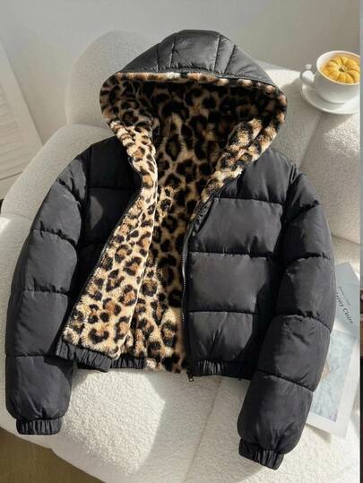 SHEIN Tween Girls Leopard Print Fleece Hooded Jacket