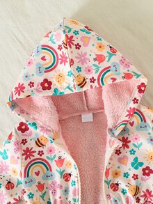 SHEIN 女孩可愛印花保暖內裡加厚拉鍊夾克，秋冬款 - 彩色 - 查看 3