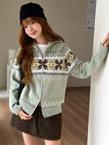 K-Vae 女款羅紋拼接提花拉鍊長袖針織衫 - 米色 - 查看 4
