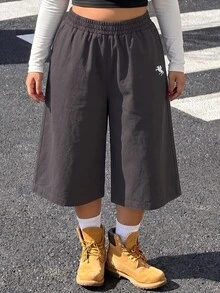 Muchica 大尺碼女款休閒工裝寬鬆日常穿搭七分褲，馬術圖案，適合外出、居家、健身、度假，灰色夏季款 - 巧克力棕 - 查看 6