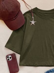 Comfortcana Summer Casual Versatile Solid Color Short Sleeve T-Shirt Home Dark Green - Olive Green - View 4
