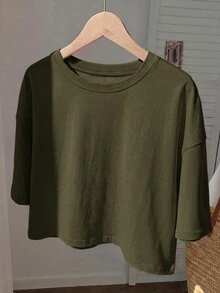 Comfortcana Summer Casual Versatile Solid Color Short Sleeve T-Shirt Home Dark Green - Olive Green - View 3