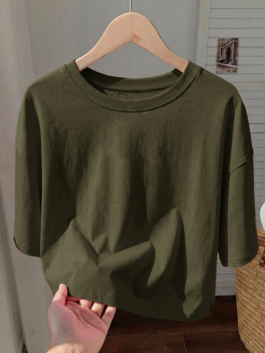 Comfortcana Summer Casual Versatile Solid Color Short Sleeve T-Shirt Home Dark Green - Olive Green - View 1