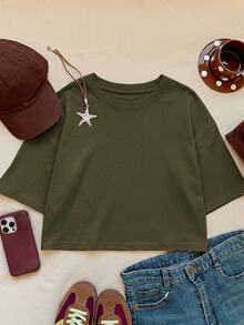 Comfortcana Summer Casual Versatile Solid Color Short Sleeve T-Shirt Home Dark Green - Olive Green - View 6
