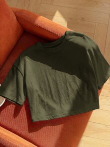 Comfortcana Summer Casual Versatile Solid Color Short Sleeve T-Shirt Home Dark Green - Olive Green - View 5