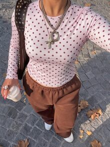 Muchica Polka Dot Casual Plus Size Women's T-Shirt Fall - Pink - View 4