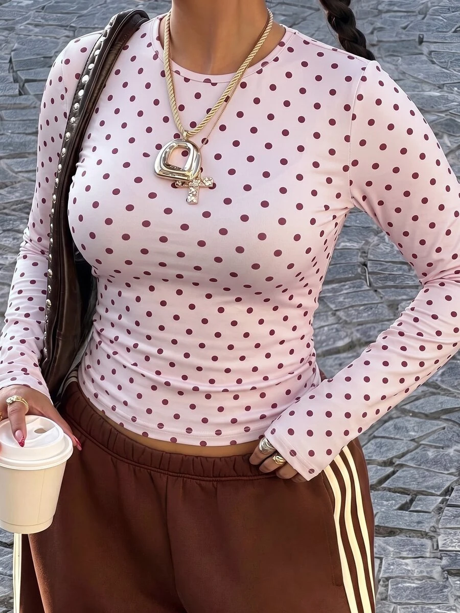 Muchica Polka Dot Casual Plus Size Women's T-Shirt Fall - Pink - View 1