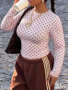 Muchica Polka Dot Casual Plus Size Women's T-Shirt Fall - Pink - View 3