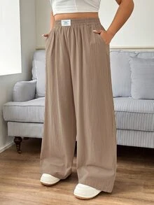 SHEIN EZwear New Plus Size Casual Letter Print Denim Pants, Versatile Minimalist - Khaki - View 1