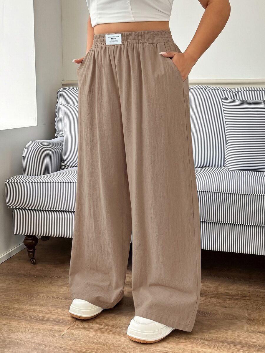 SHEIN EZwear New Plus Size Casual Letter Print Denim Pants, Versatile Minimalist - Khaki - View 1