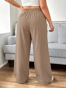 SHEIN EZwear New Plus Size Casual Letter Print Denim Pants, Versatile Minimalist - Khaki - View 2