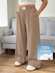 SHEIN EZwear New Plus Size Casual Letter Print Denim Pants, Versatile Minimalist - Khaki - View 4