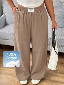 SHEIN EZwear New Plus Size Casual Letter Print Denim Pants, Versatile Minimalist - Khaki - View 3