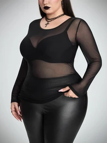 SHEIN CURVE+ 大尺碼女款透視高彈性打底上衣 萬聖節 - 黑色 - 查看 4