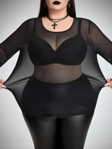 SHEIN CURVE+ 大尺碼女款透視高彈性打底上衣 萬聖節 - 黑色 - 查看 1