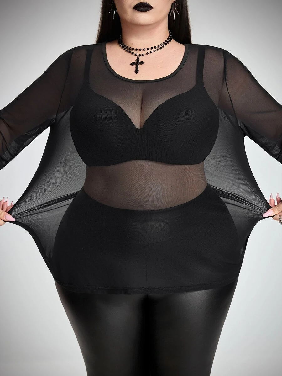 SHEIN CURVE+ 大尺碼女款透視高彈性打底上衣 萬聖節 - 黑色 - 查看 1