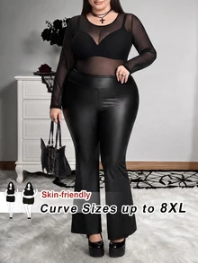 SHEIN CURVE+ 大尺碼女款透視高彈性打底上衣 萬聖節 - 黑色 - 查看 3