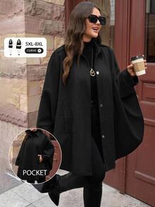 SHEIN CURVE+ Jaket Wanita Ukuran Besar Warna Hitam dengan Bukaan Depan dan Lengan Kelelawar, Model A-Line Longgar, Gaya Kasual untuk Musim Gugur/Dingin - Hitam - View 7