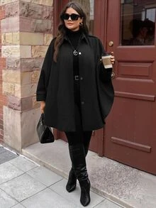 SHEIN CURVE+ Jaket Wanita Ukuran Besar Warna Hitam dengan Bukaan Depan dan Lengan Kelelawar, Model A-Line Longgar, Gaya Kasual untuk Musim Gugur/Dingin - Hitam - View 6