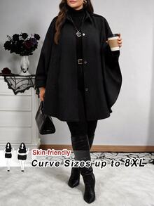 SHEIN CURVE+ Jaket Wanita Ukuran Besar Warna Hitam dengan Bukaan Depan dan Lengan Kelelawar, Model A-Line Longgar, Gaya Kasual untuk Musim Gugur/Dingin - Hitam - View 1