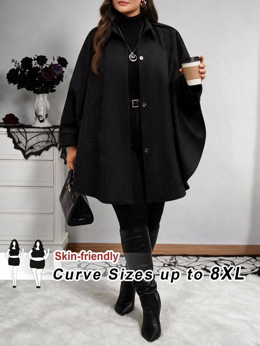 SHEIN CURVE+ Jaket Wanita Ukuran Besar Warna Hitam dengan Bukaan Depan dan Lengan Kelelawar, Model A-Line Longgar, Gaya Kasual untuk Musim Gugur/Dingin - Hitam - View 1