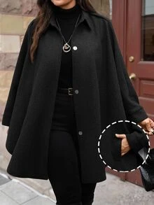 SHEIN CURVE+ Jaket Wanita Ukuran Besar Warna Hitam dengan Bukaan Depan dan Lengan Kelelawar, Model A-Line Longgar, Gaya Kasual untuk Musim Gugur/Dingin - Hitam - View 3