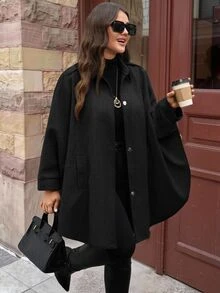 SHEIN CURVE+ Jaket Wanita Ukuran Besar Warna Hitam dengan Bukaan Depan dan Lengan Kelelawar, Model A-Line Longgar, Gaya Kasual untuk Musim Gugur/Dingin - Hitam - View 4
