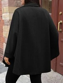 SHEIN CURVE+ Jaket Wanita Ukuran Besar Warna Hitam dengan Bukaan Depan dan Lengan Kelelawar, Model A-Line Longgar, Gaya Kasual untuk Musim Gugur/Dingin - Hitam - View 2
