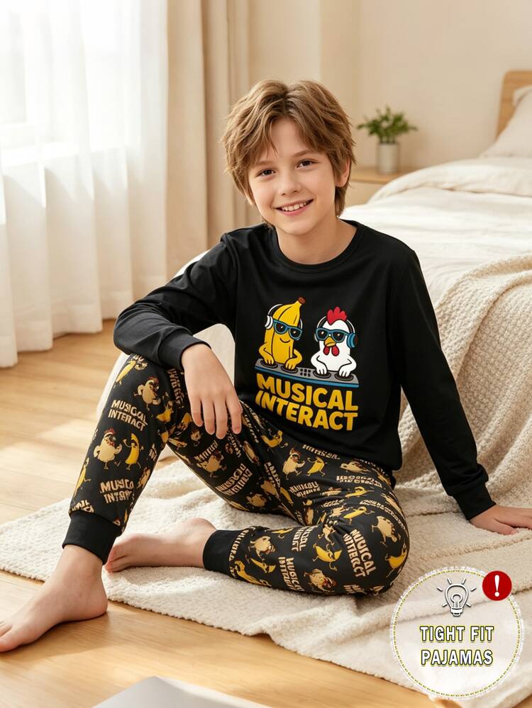 Tween Boys Pajamas Autumn/Winter New Hot-Selling Chick & Banana Interactive Fun Print Round Neck Long Sleeve Long Pants Snug Fit High Elasticity Homewear 2-Piece Set, INS Style, Snug Fit, Size Runs Small, Recommend Ordering One Size Up, 1 Set - Grey - View 3