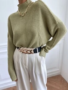 Calvaya Stand Collar Batwing Sleeve Sweater,Long Sleeve Tops Knit Pullover Fall Winter - Olive Green - View 4