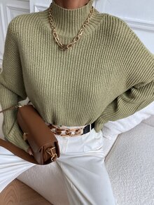 Calvaya Stand Collar Batwing Sleeve Sweater,Long Sleeve Tops Knit Pullover Fall Winter - Olive Green - View 5